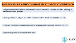 PIPE SCHEDULE METHOD VS HYDRAULIC CALCULATION METHOD
For hydraulic calculation method, water demand shall be determined only from one of the following, at
the discretion of the designer:
1. Density/ area curves of Figure 11.2.3.1.1 in accordance with the density area method of 11.2.3.2.
2. The room that creates the greatest demand in accordance with the room design method of 11.2.3.3
3. Special design areas in accordance with 11.2.3.4
 