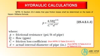 HYDRAULIC CALCULATIONS
NFPA 13 Section 23.4 states that pipe friction losses shall be determined on the basis of
Hazen- Williams formula.
(from NFPA 13 Table A.6.3.2
or Table A.6.3.5)
(from NFPA 13 Table 23.4.4.8.1)
 