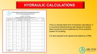 HYDRAULIC CALCULATIONS
This is a sample blank form of hydraulic calculations. It
is commonly attached along with signed and sealed
plans during the permit applications of fire protection
system of a building.
It is also required to be signed and sealed by a PME.
 