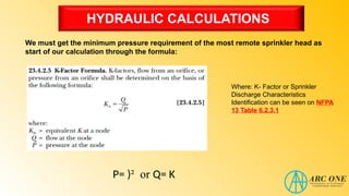 HYDRAULIC CALCULATIONS
We must get the minimum pressure requirement of the most remote sprinkler head as
start of our calculation through the formula:
Where: K- Factor or Sprinkler
Discharge Characteristics
Identification can be seen on NFPA
13 Table 6.2.3.1
P= )² or Q= K
 