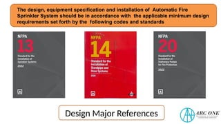 The design, equipment specification and installation of Automatic Fire
Sprinkler System should be in accordance with the applicable minimum design
requirements set forth by the following codes and standards
Design Major References
 