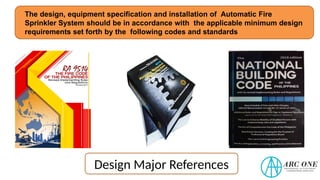The design, equipment specification and installation of Automatic Fire
Sprinkler System should be in accordance with the applicable minimum design
requirements set forth by the following codes and standards
Design Major References
 