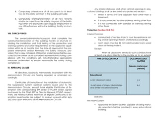 26
4. Compulsory attendance of all occupants to at least
two (2) fire safety seminars in the building annually.
5. Compulsory briefing/orientation of all new tenants
and/or occupants on fire safety program of the build-
ing within one (1) month upon regular employment in
any office/business within the building, facility or struc-
ture.
VIII. GRACE PERIOD
The owner/administrator/occupant shall complete the
construction/renovation of the building, facility or structure in-
cluding the installation and final testing of fire protection and
warning systems and other requirements in the approved appli-
cation within six (6) months from the date of approval of the pro-
posed Alternative and/or Remedial Fire Safety Measure, pro-
vided, that a duly notarized Affidavit of Undertaking shall be exe-
cuted by the owner or his authorized representative stating com-
pliance with the conditions set, notwithstanding appropriate
measures undertaken to ensure reasonable fire safety during
compliance.
IX. REPEALING CLAUSE
All directives, issuances, memoranda inconsistent with this
Memorandum Circular are hereby repealed or amended ac-
cordingly.
Certificates of Exemption on the installation of Automatic
Fire Suppression System (sprinkler system) issued prior to this
Memorandum Circular, except those eligible Certificates of Ex-
emption with corresponding BFP Order or PC/INP Order, signed
and issued by the Chief, BFP or Director General, PC/INP, respec-
tively, are hereby nullified. However, all eligible Certificates of Ex-
emption issued earlier are subject to review/ renewal within sixty
(60) days upon effectivity of this Memorandum Circular.
115
Any interior stairways and other vertical openings in edu-
cational buildings shall be enclosed and protected except :
 When it serves only one adjacent floor other than a
basement,
 It is not connected to other stairway serving other floor
 It is not connected with corridors or stairways serving
other floors.
Protection (Section 10.2.9.5)
Interior Corridors
 constructed of not less than ½ hour fire resistance rat-
ing and all openings therein protected accordingly
 room doors may be 44 mm solid bonded core wood
doors or the equivalent.
Except:
When all classrooms served by such corridors have
at least one door directly to the outside or to an exterior
balcony.
Fire Alarm System
 Approved fire alarm facilities capable of being manu-
ally operated shall be provided in every educational
building.
TYPE OF OCCUPANCY OCCUPANT LOAD
FACTOR
(square meters per
person)
Educational
a.net classroom area
b.net area of shops, laboratories
and similar vocational rooms
1.9
4.6
 