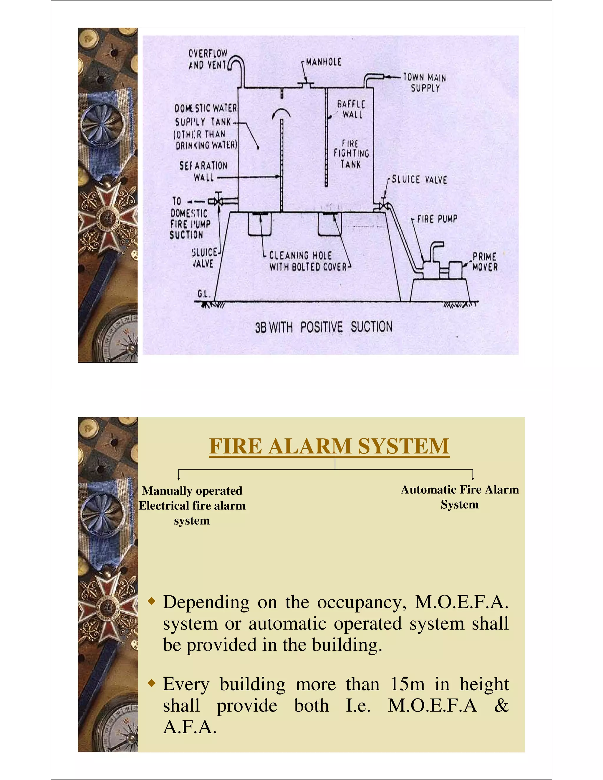 FIRE ALARM SYSTEM
 Depending on the occupancy, M.O.E.F.A.
system or automatic operated system shall
be provided in the building.
 Every building more than 15m in height
shall provide both I.e. M.O.E.F.A 
A.F.A.
Manually operated
Electrical fire alarm
system
Automatic Fire Alarm
System
 