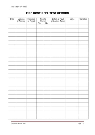 FIRE SAFETY LOG BOOK 
Hospitality	Manuals	2012	 Page	13	
 
FIRE HOSE REEL TEST RECORD
Date Location
or Number
Inspected
or Tested
Results
Correct
Details of Fault
and Action Taken
Name Signature
Yes No
 