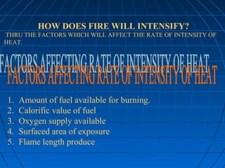 HOW DOES FIRE WILL INTENSIFY?
THRU THE FACTORS WHICH WILL AFFECT THE RATE OF INTENSITY OF 
HEAT.
1. Amount of fuel available for burning.
2. Calorific value of fuel
3. Oxygen supply available
4. Surfaced area of exposure
5. Flame length produce
 