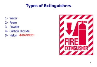 8
Types of Extinguishers
1- Water
2- Foam
3- Powder
4- Carbon Dioxide
5- Halon BANNED!
 