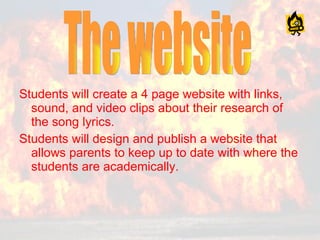 Students will create a 4 page website with links, sound, and video clips about their research of the song lyrics. Students will design and publish a website that allows parents to keep up to date with where the students are academically. The website 