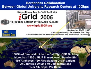 September 26-30, 2005 Calit2 @ University of California, San Diego California Institute for Telecommunications and Information Technology Borderless Collaboration Between Global University Research Centers at 10Gbps T   H   E  G   L   O   B   A   L  L   A   M   B   D   A  I   N   T   E   G   R   A   T   E   D  F   A   C   I   L   I   T   Y   Maxine Brown, Tom DeFanti, Co-Chairs www.igrid2005.org 100Gb of Bandwidth into the Calit2@UCSD Building More than 150Gb GLIF Transoceanic Bandwidth! 450 Attendees, 130 Participating Organizations 20 Countries Driving 49 Demonstrations 1- or 10- Gbps  Per Demo i Grid  2005 