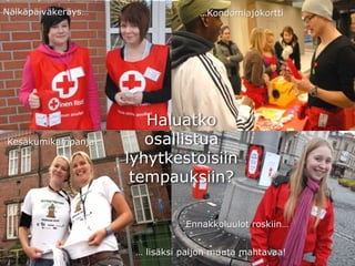Nälkäpäiväkeräys…
Kesäkumikampanja…
…Kondomiajokortti
Ennakkoluulot roskiin…
… lisäksi paljon muuta mahtavaa!
Haluatko
osallistua
lyhytkestoisiin
tempauksiin?
 