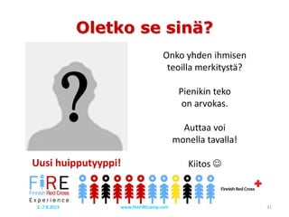 Uusi huipputyyppi!
Onko yhden ihmisen
teoilla merkitystä?
Pienikin teko
on arvokas.
Auttaa voi
monella tavalla!
Kiitos 
Oletko se sinä?
www.theFiREcamp.com 312.-7.8.2015
 