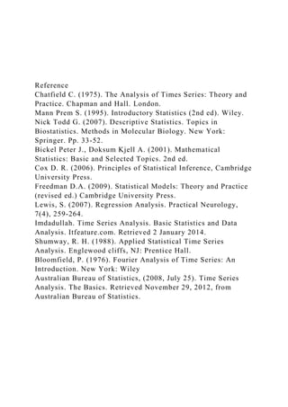 Reference
Chatfield C. (1975). The Analysis of Times Series: Theory and
Practice. Chapman and Hall. London.
Mann Prem S. (1995). Introductory Statistics (2nd ed). Wiley.
Nick Todd G. (2007). Descriptive Statistics. Topics in
Biostatistics. Methods in Molecular Biology. New York:
Springer. Pp. 33-52.
Bickel Peter J., Doksum Kjell A. (2001). Mathematical
Statistics: Basic and Selected Topics. 2nd ed.
Cox D. R. (2006). Principles of Statistical Inference, Cambridge
University Press.
Freedman D.A. (2009). Statistical Models: Theory and Practice
(revised ed.) Cambridge University Press.
Lewis, S. (2007). Regression Analysis. Practical Neurology,
7(4), 259-264.
Imdadullah. Time Series Analysis. Basic Statistics and Data
Analysis. Itfeature.com. Retrieved 2 January 2014.
Shumway, R. H. (1988). Applied Statistical Time Series
Analysis. Englewood cliffs, NJ: Prentice Hall.
Bloomfield, P. (1976). Fourier Analysis of Time Series: An
Introduction. New York: Wiley
Australian Bureau of Statistics, (2008, July 25). Time Series
Analysis. The Basics. Retrieved November 29, 2012, from
Australian Bureau of Statistics.
 