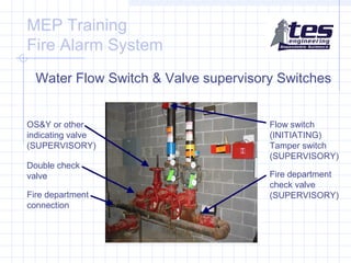 MEP Training
Fire Alarm System
Water Flow Switch & Valve supervisory Switches
OS&Y or other
indicating valve
(SUPERVISORY)
Double check
valve
Fire department
connection

1

Flow switch
(INITIATING)
Tamper switch
(SUPERVISORY)
Fire department
check valve
(SUPERVISORY)

 