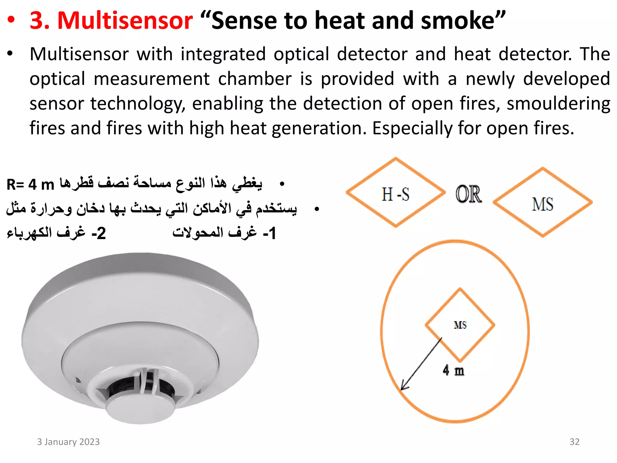 • 3. Multisensor “Sense to heat and smoke”
• Multisensor with integrated optical detector and heat detector. The
optical measurement chamber is provided with a newly developed
sensor technology, enabling the detection of open fires, smouldering
fires and fires with high heat generation. Especially for open fires.
•
‫نصف‬ ‫مساحة‬ ‫النوع‬ ‫هذا‬ ‫يغطي‬
‫قطرها‬
R= 4 m
•
‫مثل‬ ‫وحرارة‬ ‫دخان‬ ‫بها‬ ‫يحدث‬ ‫التي‬ ‫األماكن‬ ‫في‬ ‫يستخدم‬
1
-
‫المحوالت‬ ‫غرف‬
2
-
‫الكهرباء‬ ‫غرف‬
3 January 2023 32
 