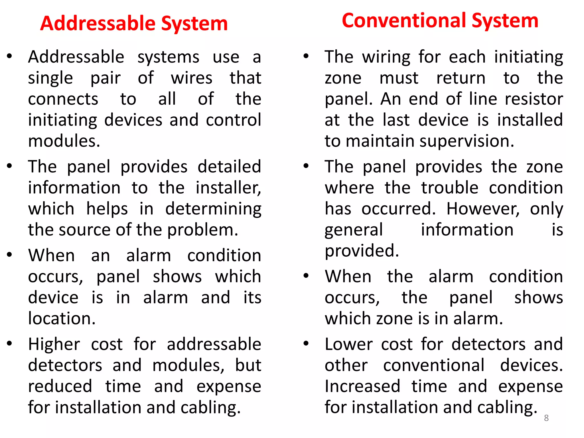 Addressable System
• Addressable systems use a
single pair of wires that
connects to all of the
initiating devices and control
modules.
• The panel provides detailed
information to the installer,
which helps in determining
the source of the problem.
• When an alarm condition
occurs, panel shows which
device is in alarm and its
location.
• Higher cost for addressable
detectors and modules, but
reduced time and expense
for installation and cabling.
Conventional System
• The wiring for each initiating
zone must return to the
panel. An end of line resistor
at the last device is installed
to maintain supervision.
• The panel provides the zone
where the trouble condition
has occurred. However, only
general information is
provided.
• When the alarm condition
occurs, the panel shows
which zone is in alarm.
• Lower cost for detectors and
other conventional devices.
Increased time and expense
for installation and cabling. 8
 