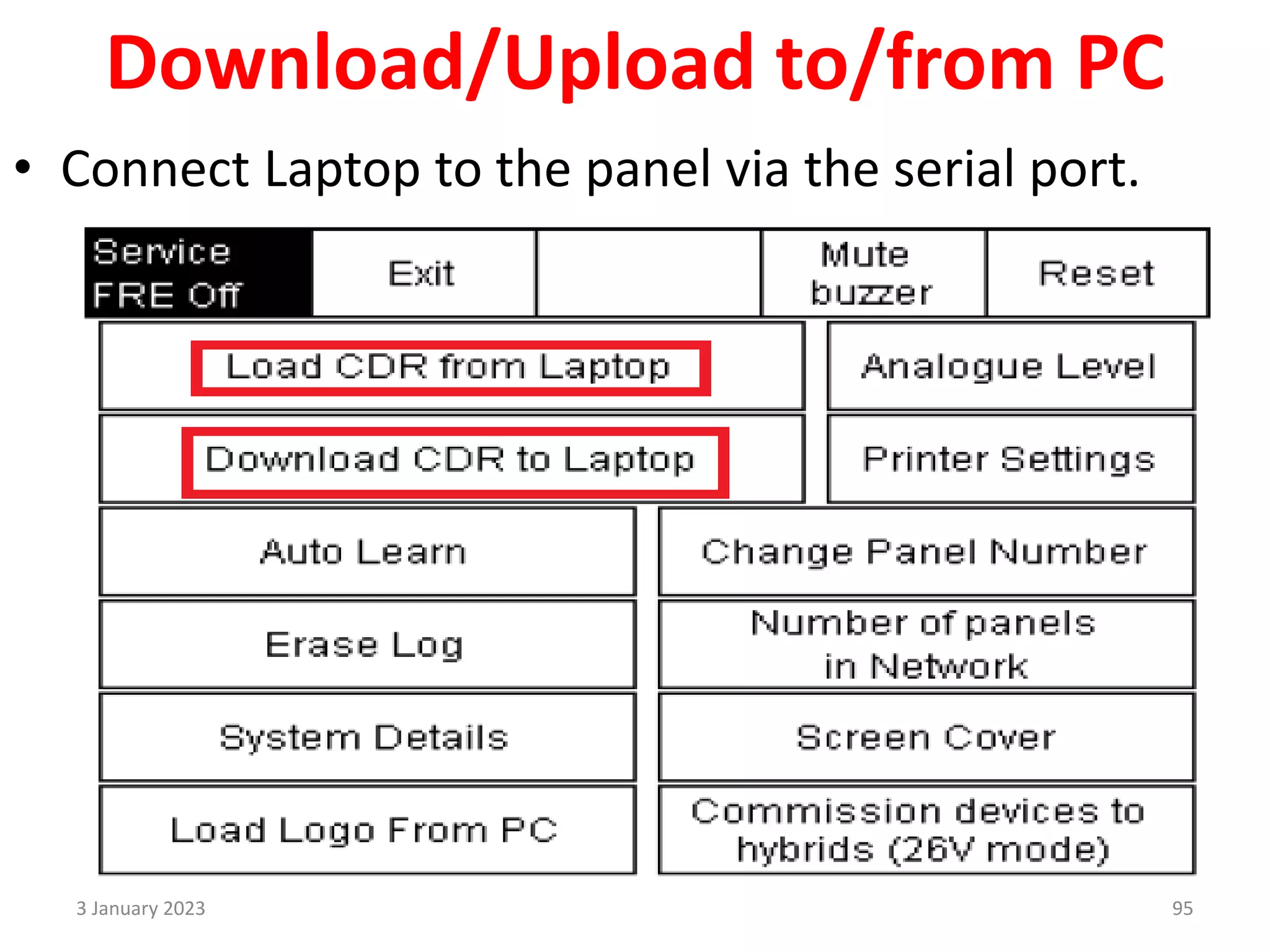 Download/Upload to/from PC
• Connect Laptop to the panel via the serial port.
3 January 2023 95
 