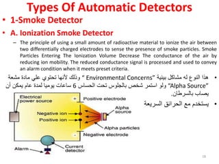 Types Of Automatic Detectors
• 1-Smoke Detector
• A. Ionization Smoke Detector
– The principle of using a small amount of radioactive material to ionize the air between
two differentially charged electrodes to sense the presence of smoke particles. Smoke
Particles Entering The Ionization Volume Decrease The conductance of the air by
reducing ion mobility. The reduced conductance signal is processed and used to convey
an alarm condition when it meets preset criteria.
•
‫بيئية‬ ‫مشاكل‬ ‫له‬ ‫النوع‬ ‫هذا‬
“ Environmental Concerns”
‫مشعة‬ ‫مادة‬ ‫علي‬ ‫تحتوي‬ ‫ألنها‬ ‫وذلك‬
“Alpha Source”
‫الحساس‬ ‫تحت‬ ‫بالجلوس‬ ‫شخص‬ ‫استمر‬ ‫ولو‬
6
‫أن‬ ‫يمكن‬ ‫عام‬ ‫لمدة‬ ‫يوميا‬ ‫ساعات‬
‫بالسرطان‬ ‫يصاب‬
.
•
‫السريعة‬ ‫الحرائق‬ ‫مع‬ ‫يستخدم‬
18
 