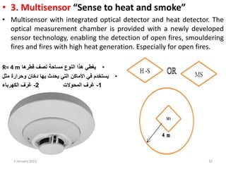 • 3. Multisensor “Sense to heat and smoke”
• Multisensor with integrated optical detector and heat detector. The
optical measurement chamber is provided with a newly developed
sensor technology, enabling the detection of open fires, smouldering
fires and fires with high heat generation. Especially for open fires.
•
‫نصف‬ ‫مساحة‬ ‫النوع‬ ‫هذا‬ ‫يغطي‬
‫قطرها‬
R= 4 m
•
‫مثل‬ ‫وحرارة‬ ‫دخان‬ ‫بها‬ ‫يحدث‬ ‫التي‬ ‫األماكن‬ ‫في‬ ‫يستخدم‬
1
-
‫المحوالت‬ ‫غرف‬
2
-
‫الكهرباء‬ ‫غرف‬
3 January 2023 32
 