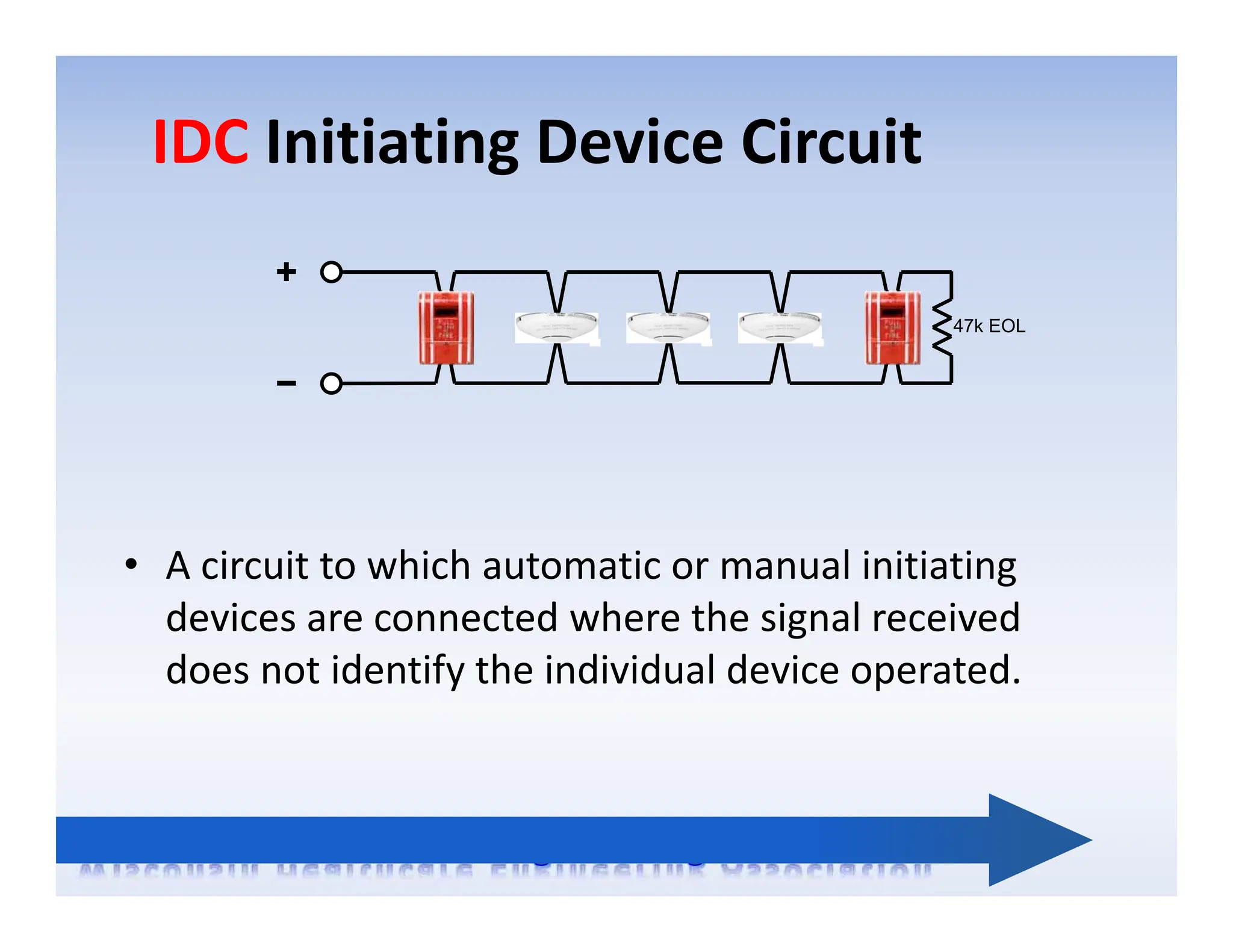 IDC Initiating Device Circuit
• A circuit to which automatic or manual initiating
devices are connected where the signal received
does not identify the individual device operated.
47k EOL
 