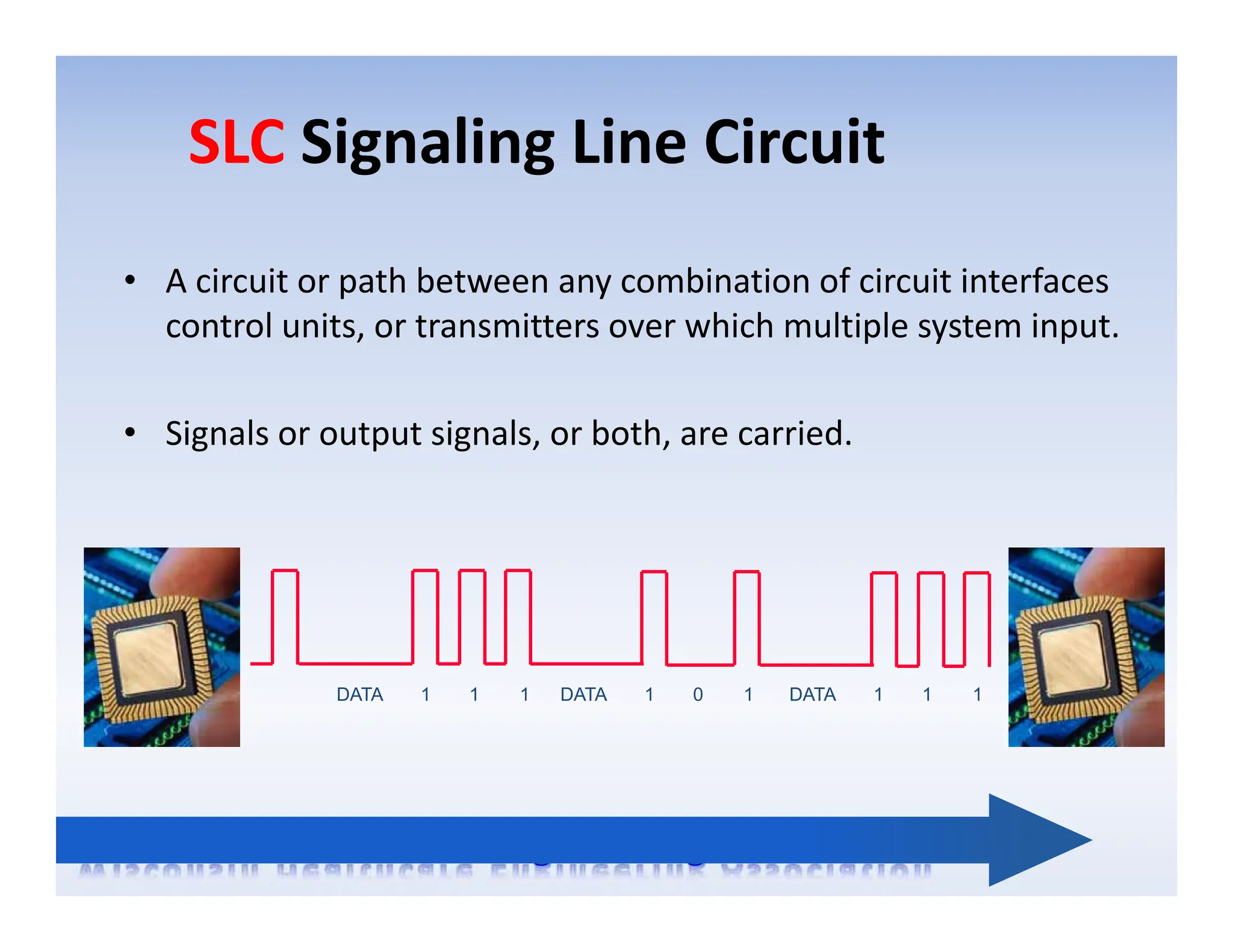 SLC Signaling Line Circuit
• A circuit or path between any combination of circuit interfaces
control units, or transmitters over which multiple system input.
• Signals or output signals, or both, are carried.
DATA 1 1 1 DATA 1 0 1 DATA 1 1 1
 