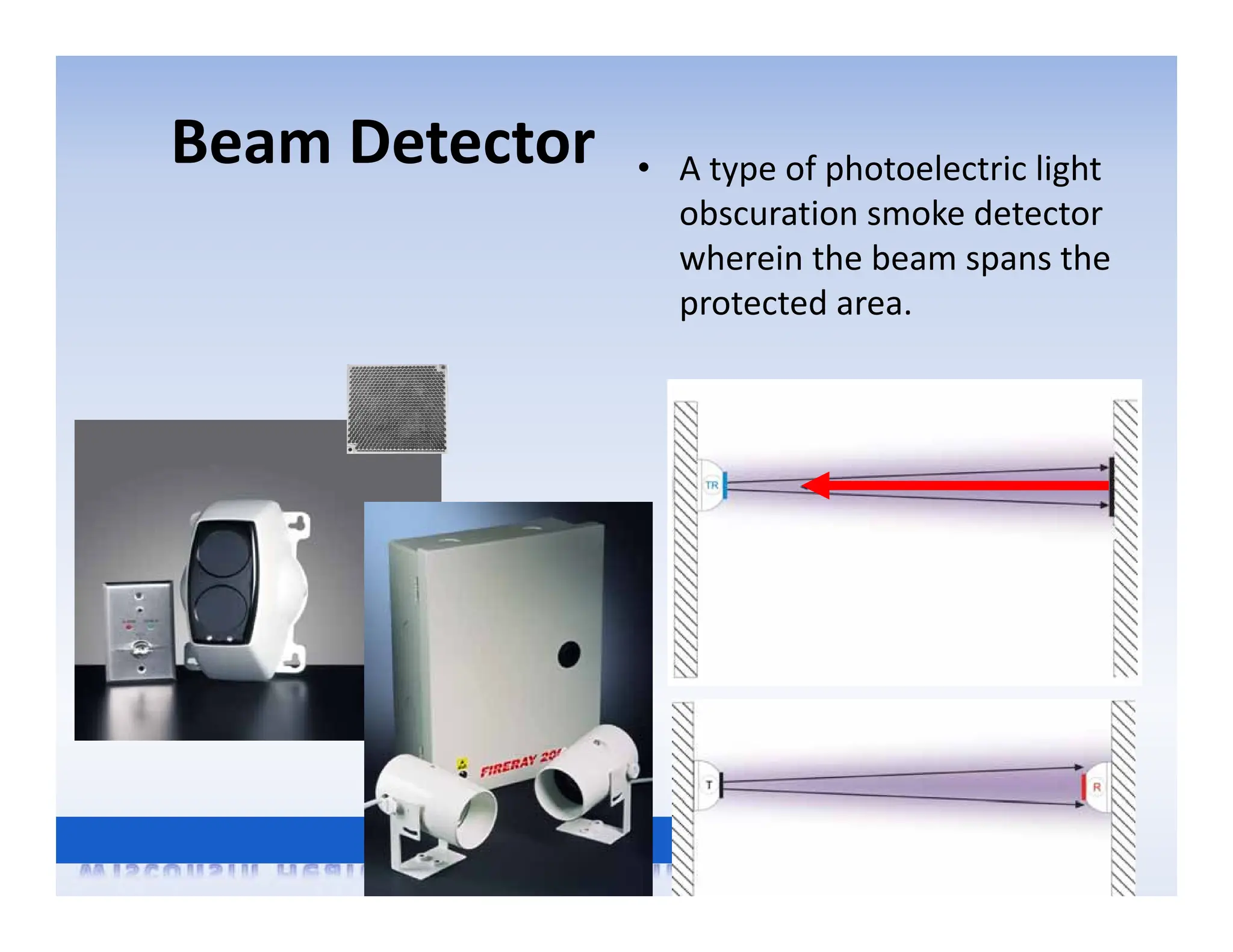 Beam Detector • A type of photoelectric light
obscuration smoke detector
wherein the beam spans the
protected area.
 