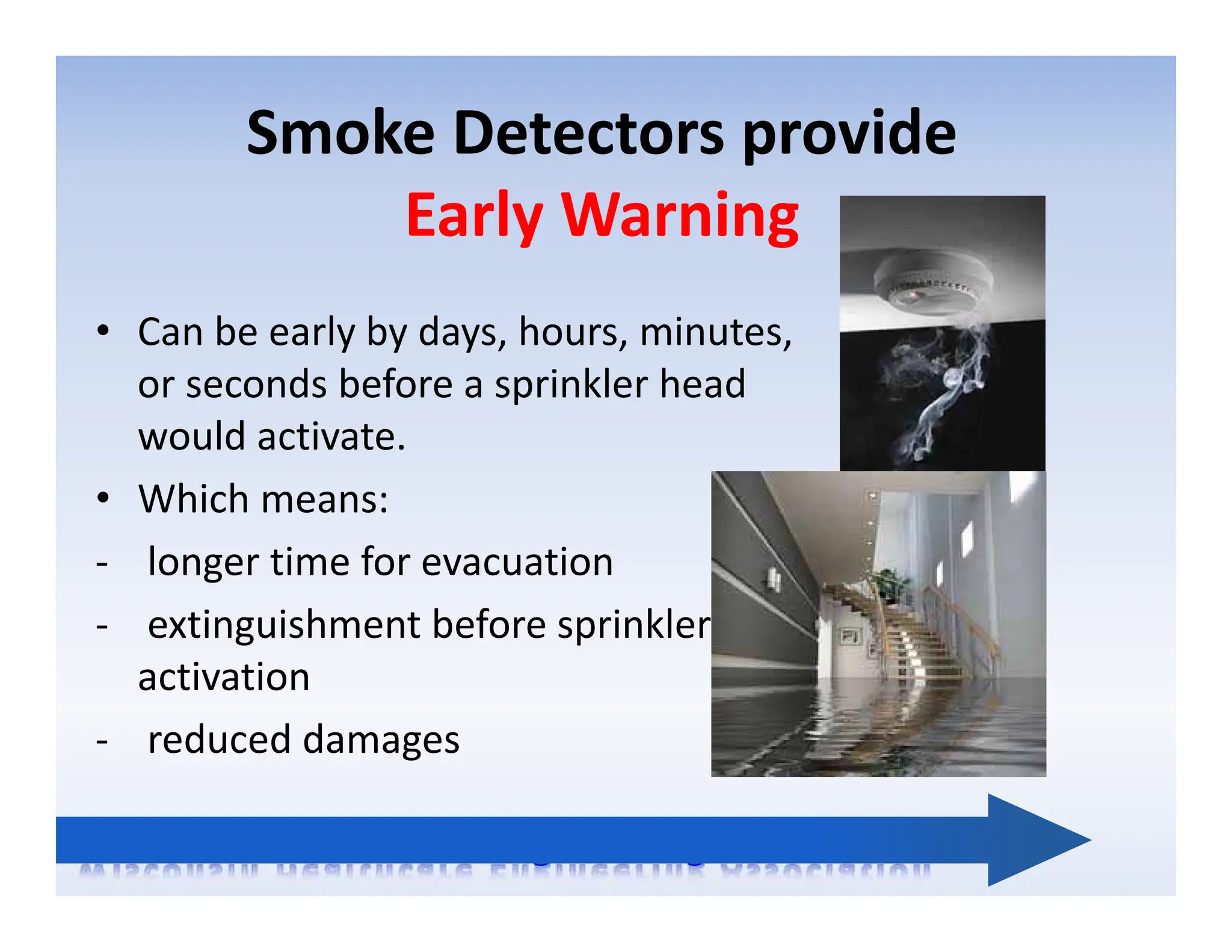 Smoke Detectors provide
Early Warning
• Can be early by days, hours, minutes,
or seconds before a sprinkler head
would activate.
• Which means:
‐ longer time for evacuation
‐ extinguishment before sprinkler
activation
‐ reduced damages
 