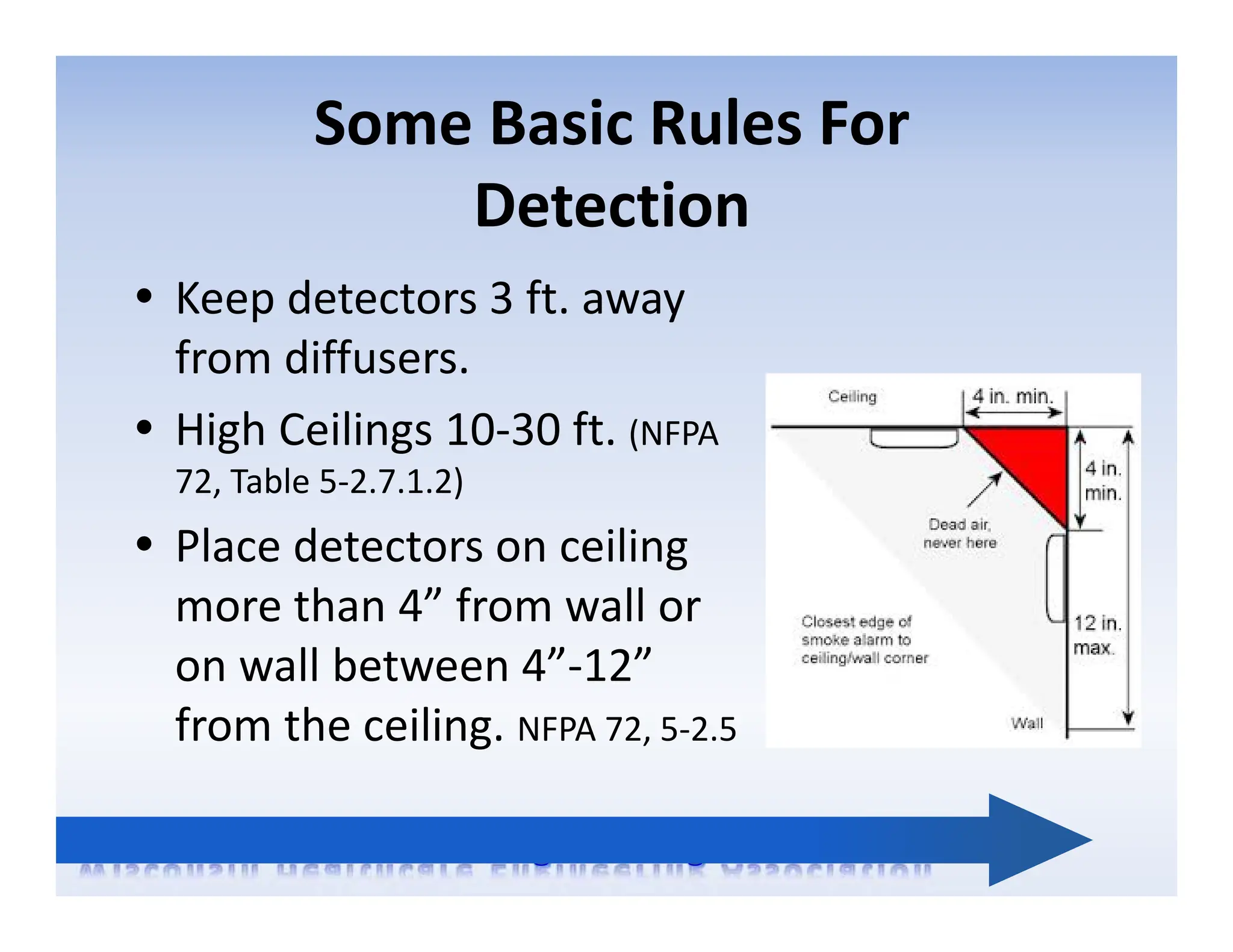 Some Basic Rules For
Detection
 Keep detectors 3 ft. away
from diffusers.
 High Ceilings 10‐30 ft. (NFPA
72, Table 5‐2.7.1.2)
 Place detectors on ceiling
more than 4” from wall or
on wall between 4”‐12”
from the ceiling. NFPA 72, 5‐2.5
 