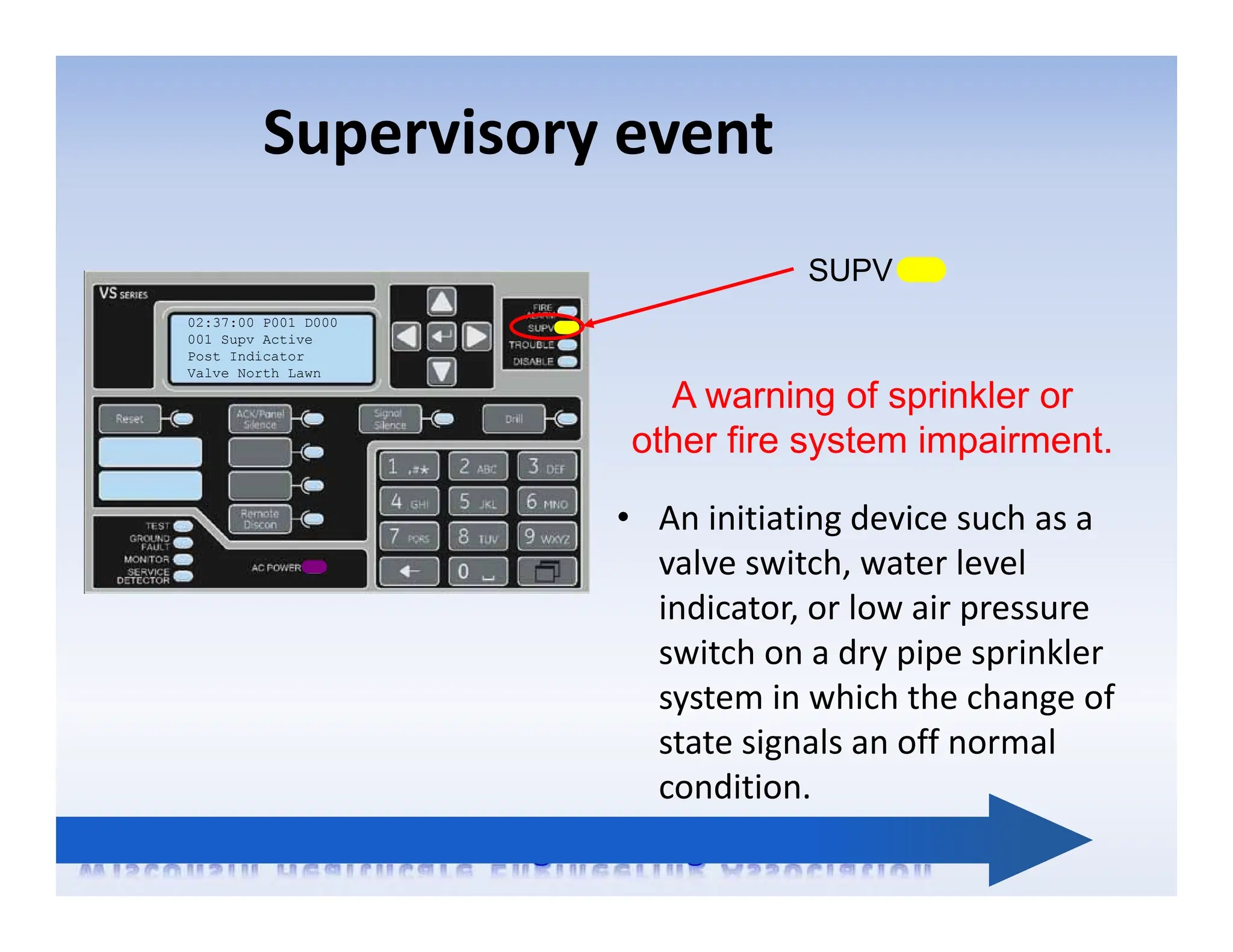 Supervisory event
02:37:00 P001 D000
001 Supv Active
Post Indicator
Valve North Lawn
SUPV
A warning of sprinkler or
other fire system impairment.
• An initiating device such as a
valve switch, water level
indicator, or low air pressure
switch on a dry pipe sprinkler
system in which the change of
state signals an off normal
condition.
 