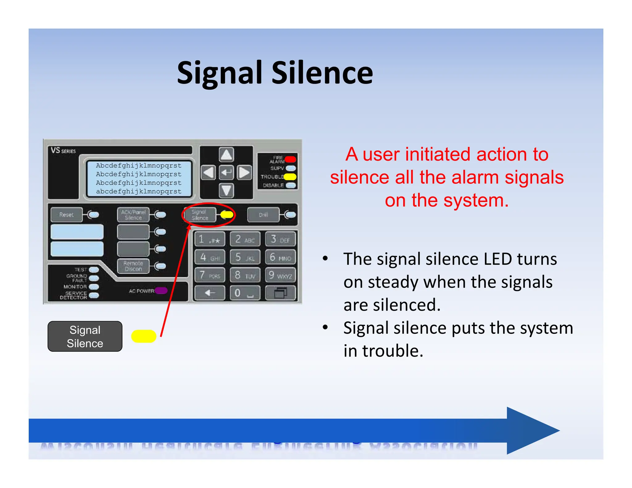 Signal Silence
Abcdefghijklmnopqrst
Abcdefghijklmnopqrst
Abcdefghijklmnopqrst
abcdefghijklmnopqrst
Signal
Silence
A user initiated action to
silence all the alarm signals
on the system.
• The signal silence LED turns
on steady when the signals
are silenced.
• Signal silence puts the system
in trouble.
 