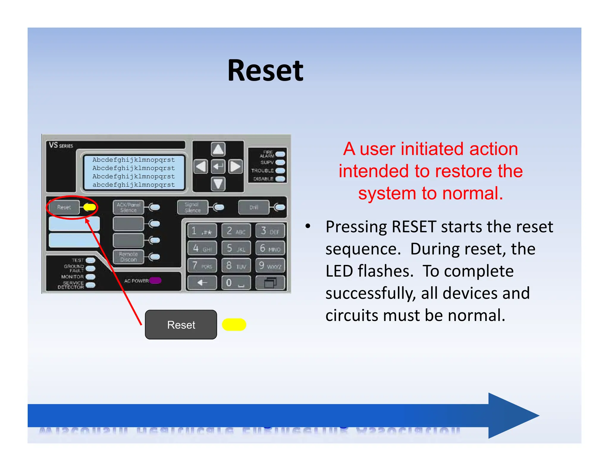 Reset
Abcdefghijklmnopqrst
Abcdefghijklmnopqrst
Abcdefghijklmnopqrst
abcdefghijklmnopqrst
Reset
A user initiated action
intended to restore the
system to normal.
• Pressing RESET starts the reset
sequence. During reset, the
LED flashes. To complete
successfully, all devices and
circuits must be normal.
 