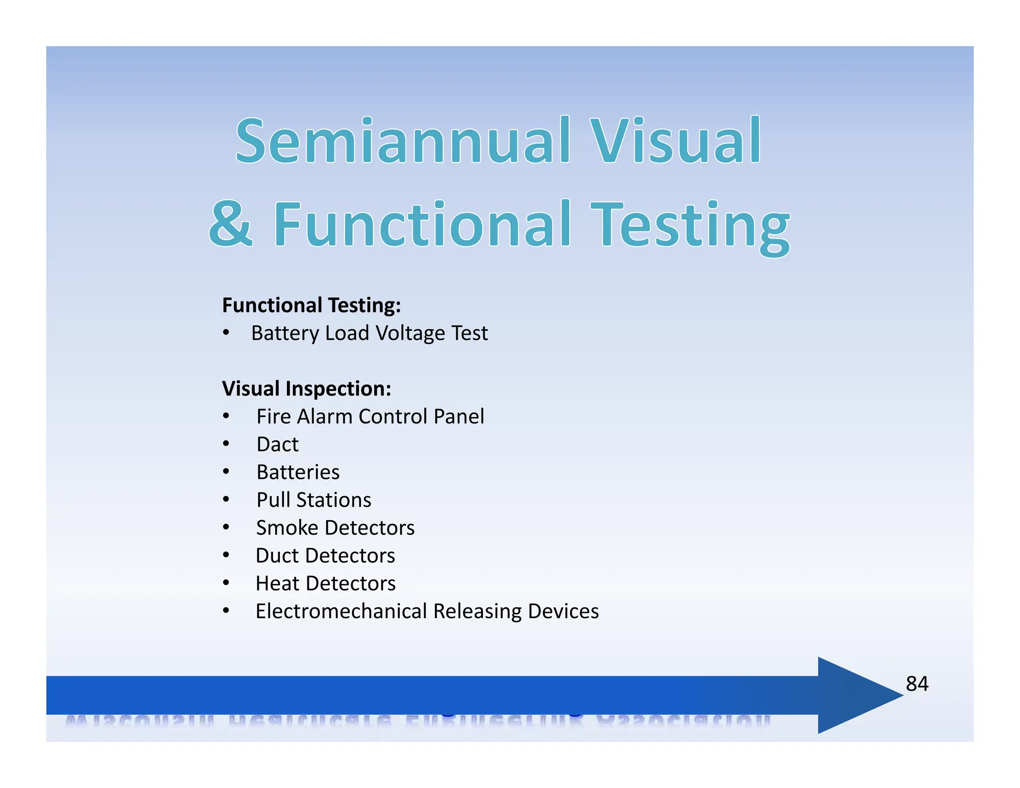 84
Functional Testing:
• Battery Load Voltage Test
Visual Inspection:
• Fire Alarm Control Panel
• Dact
• Batteries
• Pull Stations
• Smoke Detectors
• Duct Detectors
• Heat Detectors
• Electromechanical Releasing Devices
 