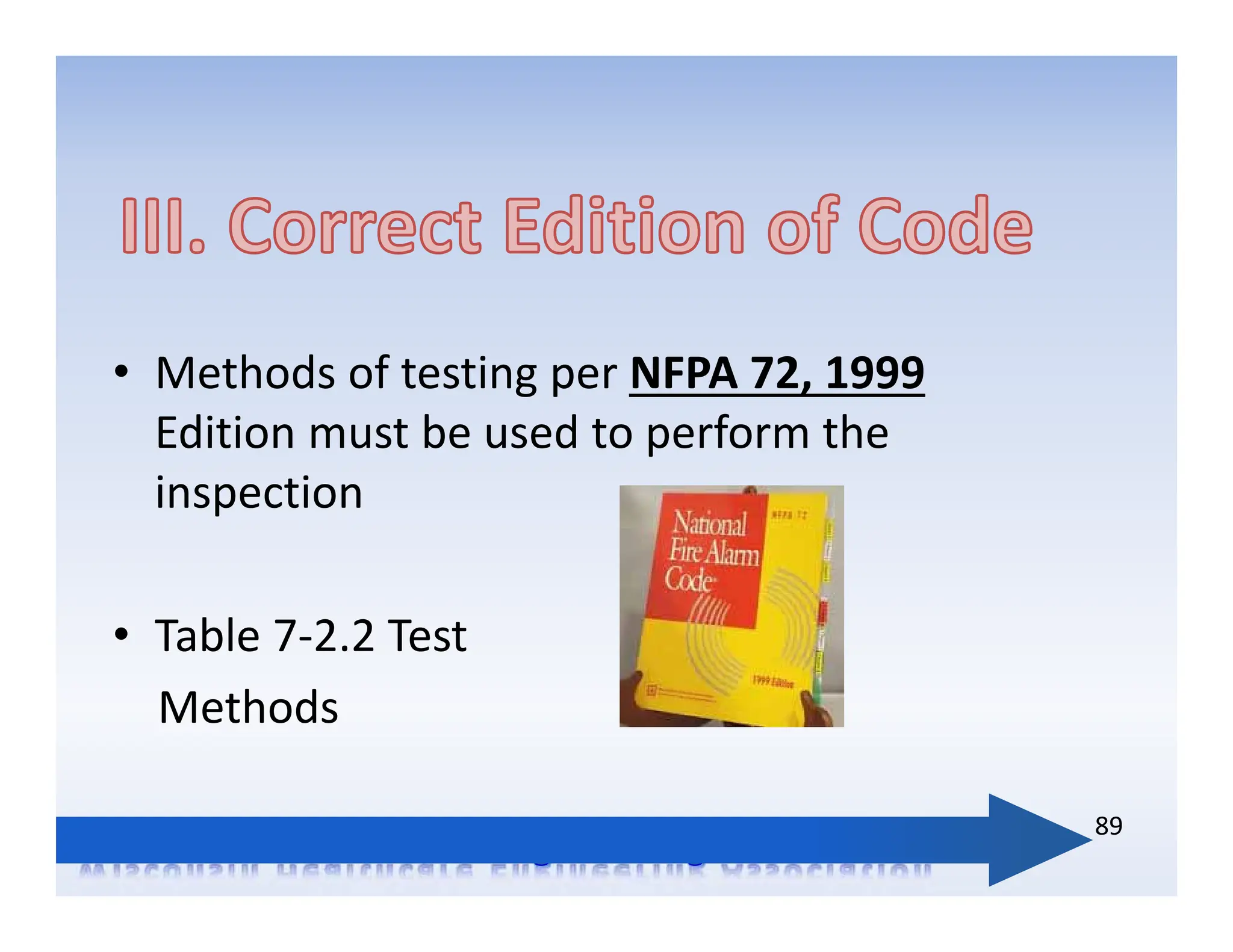 • Methods of testing per NFPA 72, 1999
Edition must be used to perform the
inspection
• Table 7‐2.2 Test
Methods
89
 