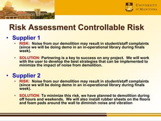 Risk Assessment Controllable Risk
• Supplier 1
• RISK: Noise from our demolition may result in student/staff complaints
(s...