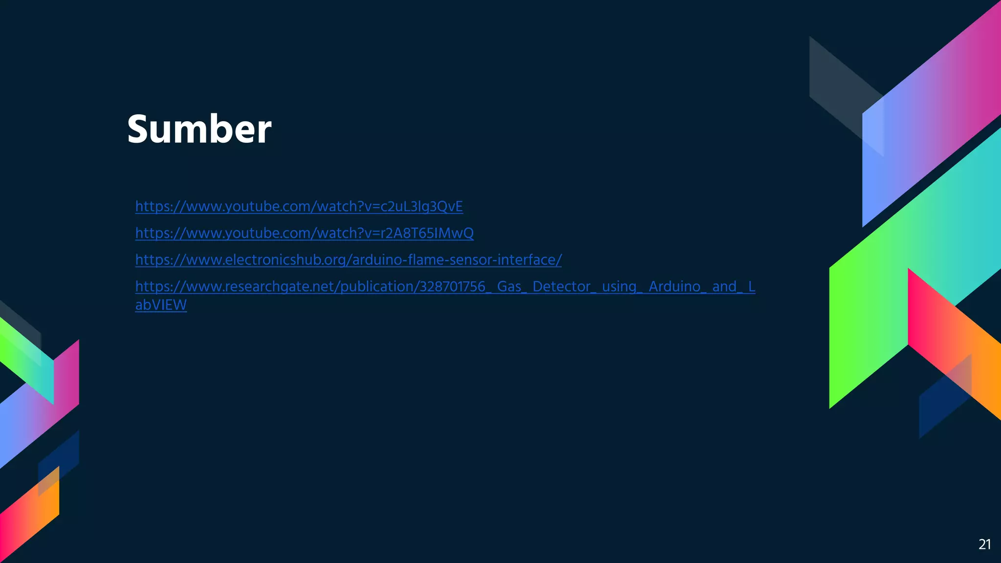 Sumber
https://www.youtube.com/watch?v=c2uL3lg3QvE
https://www.youtube.com/watch?v=r2A8T65IMwQ
https://www.electronicshub.org/arduino-flame-sensor-interface/
https://www.researchgate.net/publication/328701756_ Gas_ Detector_ using_ Arduino_ and_ L
abVIEW
21
 