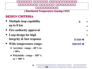 •8
•
•
•
◄4008
◄185300
& ‫ىىىىىىىىىىى‬ ‫ىىىىى‬ ‫ىىى‬ :‫ىىىىىىى‬
‫ىىىىىىىىىىى‬ ‫ىىىىى‬ ‫ىىى‬ :‫ىىىىىىى‬
DESIGN CRITERIADESIGN CRITERIA
• Multiple loop capability
up to 8 km
• Fire authority approval
• Loop design for high
integrity & fast response
• Wide temperature range:
Acrylate: range – 40 °c to
+ 90°c
Polyimide : range – 185 °c
to + 300 °c
‫ىىىىىى‬ ‫ىىىىىى‬ ‫ىىىىىىىىىىى‬‫ىىىىىى‬ ‫ىىىىىى‬ ‫ىىىىىىىىىىى‬
‫ىىىىىىىى‬ ‫ىىىىىى‬ ‫ىىىىىىىى‬‫ىىىىىىىى‬ ‫ىىىىىى‬ ‫ىىىىىىىى‬
‫ىىىىىىىىى‬‫ىىىىىىىىى‬
Distributed Temperature Sensing ( DTSDistributed Temperature Sensing ( DTS((
31
 