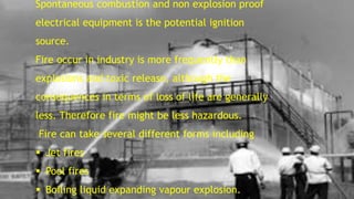 Spontaneous combustion and non explosion proof
electrical equipment is the potential ignition
source.
Fire occur in industry is more frequently than
explosions and toxic release, although the
consequences in terms of loss of life are generally
less. Therefore fire might be less hazardous.
Fire can take several different forms including
 Jet fires
 Pool fires
 Boiling liquid expanding vapour explosion.
 