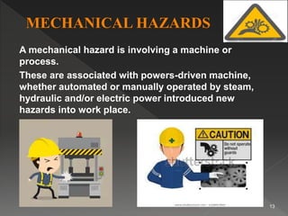 A mechanical hazard is involving a machine or
process.
These are associated with powers-driven machine,
whether automated or manually operated by steam,
hydraulic and/or electric power introduced new
hazards into work place.
13
 