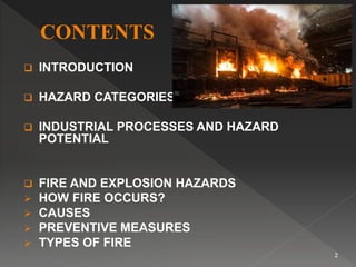  INTRODUCTION
 HAZARD CATEGORIES
 INDUSTRIAL PROCESSES AND HAZARD
POTENTIAL
 FIRE AND EXPLOSION HAZARDS
 HOW FIRE OCCURS?
 CAUSES
 PREVENTIVE MEASURES
 TYPES OF FIRE
2
 