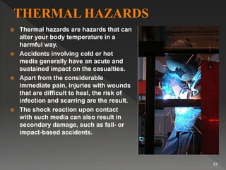  Thermal hazards are hazards that can
alter your body temperature in a
harmful way.
 Accidents involving cold or hot
media generally have an acute and
sustained impact on the casualties.
 Apart from the considerable
immediate pain, injuries with wounds
that are difficult to heal, the risk of
infection and scarring are the result.
 The shock reaction upon contact
with such media can also result in
secondary damage, such as fall- or
impact-based accidents.
23
 
