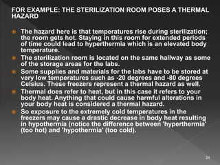 FOR EXAMPLE: THE STERILIZATION ROOM POSES A THERMAL
HAZARD
 The hazard here is that temperatures rise during sterilization;
the room gets hot. Staying in this room for extended periods
of time could lead to hyperthermia which is an elevated body
temperature.
 The sterilization room is located on the same hallway as some
of the storage areas for the labs.
 Some supplies and materials for the labs have to be stored at
very low temperatures such as -20 degrees and -80 degrees
Celsius. These freezers represent a thermal hazard as well.
 Thermal does refer to heat, but in this case it refers to your
body heat. Anything that could cause harmful alterations in
your body heat is considered a thermal hazard.
 So exposure to the extremely cold temperatures in the
freezers may cause a drastic decrease in body heat resulting
in hypothermia (notice the difference between 'hyperthermia'
(too hot) and 'hypothermia' (too cold).
24
 