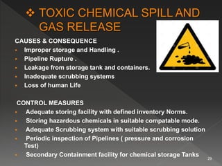 CAUSES & CONSEQUENCE
 Improper storage and Handling .
 Pipeline Rupture .
 Leakage from storage tank and containers.
 Inadequate scrubbing systems
 Loss of human Life
CONTROL MEASURES
 Adequate storing facility with defined inventory Norms.
 Storing hazardous chemicals in suitable compatable mode.
 Adequate Scrubbing system with suitable scrubbing solution
 Periodic inspection of Pipelines ( pressure and corrosion
Test)
 Secondary Containment facility for chemical storage Tanks
29
 