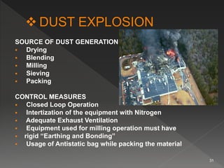 SOURCE OF DUST GENERATION
 Drying
 Blending
 Milling
 Sieving
 Packing
CONTROL MEASURES
 Closed Loop Operation
 Intertization of the equipment with Nitrogen
 Adequate Exhaust Ventilation
 Equipment used for milling operation must have
 rigid “Earthing and Bonding”
 Usage of Antistatic bag while packing the material
31
 
