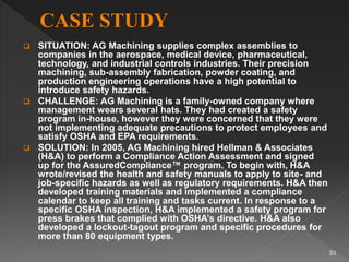  SITUATION: AG Machining supplies complex assemblies to
companies in the aerospace, medical device, pharmaceutical,
technology, and industrial controls industries. Their precision
machining, sub-assembly fabrication, powder coating, and
production engineering operations have a high potential to
introduce safety hazards.
 CHALLENGE: AG Machining is a family-owned company where
management wears several hats. They had created a safety
program in-house, however they were concerned that they were
not implementing adequate precautions to protect employees and
satisfy OSHA and EPA requirements.
 SOLUTION: In 2005, AG Machining hired Hellman & Associates
(H&A) to perform a Compliance Action Assessment and signed
up for the AssuredCompliance™ program. To begin with, H&A
wrote/revised the health and safety manuals to apply to site- and
job-specific hazards as well as regulatory requirements. H&A then
developed training materials and implemented a compliance
calendar to keep all training and tasks current. In response to a
specific OSHA inspection, H&A implemented a safety program for
press brakes that complied with OSHA’s directive. H&A also
developed a lockout-tagout program and specific procedures for
more than 80 equipment types.
33
 