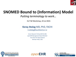 SNOMED Bound to (Information) Model
Putting terminology to work…
Koray Atalag MD, PhD, FACHI
k.atalag@auckland.ac.nz
Senior Research Fellow (NIHI & ABI)
openEHR Management Board Member
Vice Chair HL7 New Zealand
Member HISO / SAG
HL7 NZ Workshop, 24 Jul 2015
 