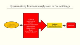 Hypersensitivity Reactions (anaphylaxis) to Fire Ant Stings
Systemic
response:1%
Urticaria
Angioedema
Pruritis
Bronchoconstriction
Hypotension
Organ failure
Death
“Cytokine Storm”
Hospital
 