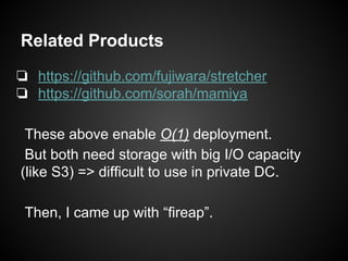 Related Products
❏ https://github.com/fujiwara/stretcher
❏ https://github.com/sorah/mamiya
These above enable O(1) deployment.
But both need storage with big I/O capacity
(like S3) => difficult to use in private DC.
Then, I came up with “fireap”.
 