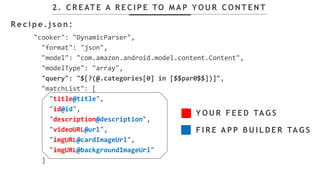 "cooker": "DynamicParser",
"format": "json",
"model": "com.amazon.android.model.content.Content",
"modelType": "array",
"query": "$[?(@.categories[0] in [$$par0$$])]",
"matchList": [
"title@title",
"id@id",
"description@description",
"videoURL@url",
"imgURL@cardImageUrl",
"imgURL@backgroundImageUrl"
]
2 . C R E AT E A R E C I P E TO M A P Y O U R C O N T E N T
Y O U R F E E D TA G S
F I R E A P P B U I L D E R TA G S
R e c i p e . j s o n :
 