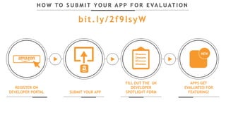 H O W TO S U B M I T Y O U R A P P F O R E VA L U AT I O N
bit.ly/2f9IsyW
REGISTER ON
DEVELOPER PORTAL
APPS GET
EVALUATED FOR
FEATURING!
FILL OUT THE UK
DEVELOPER
SPOTLIGHT FORMSUBMIT YOUR APP
NEW
 