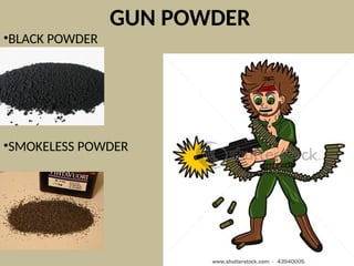 GUN POWDER
•BLACK POWDER
•SMOKELESS POWDER
 