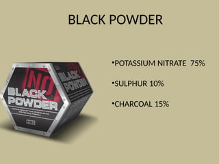 BLACK POWDER
•POTASSIUM NITRATE 75%
•SULPHUR 10%
•CHARCOAL 15%
 